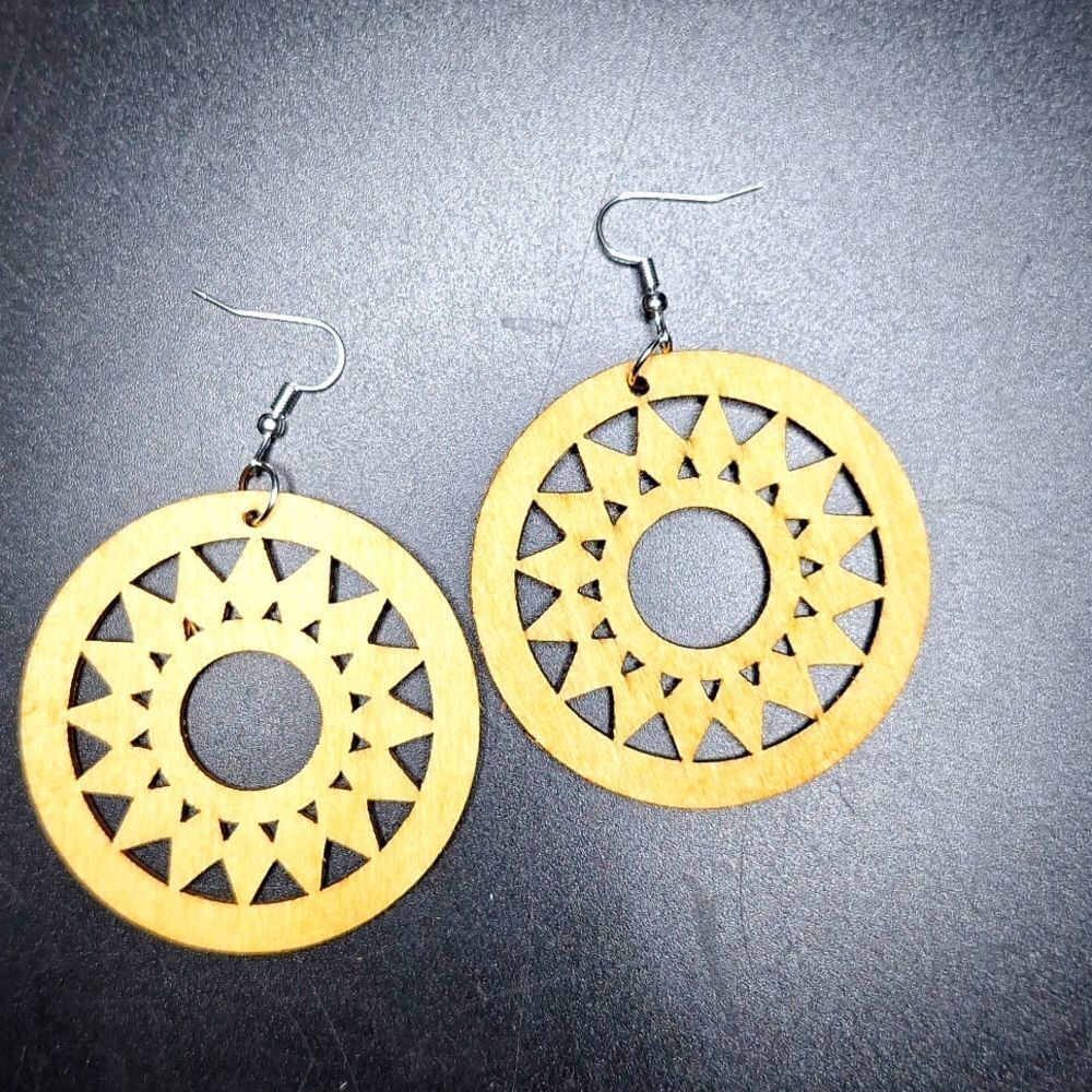 Wood carved round tribal earrings lightweight boho jewelry